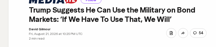 News headline reporting Trump suggesting the military could be used in connection with bond markets
