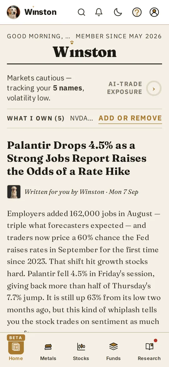 Winston front page on mobile, Monday 7 September