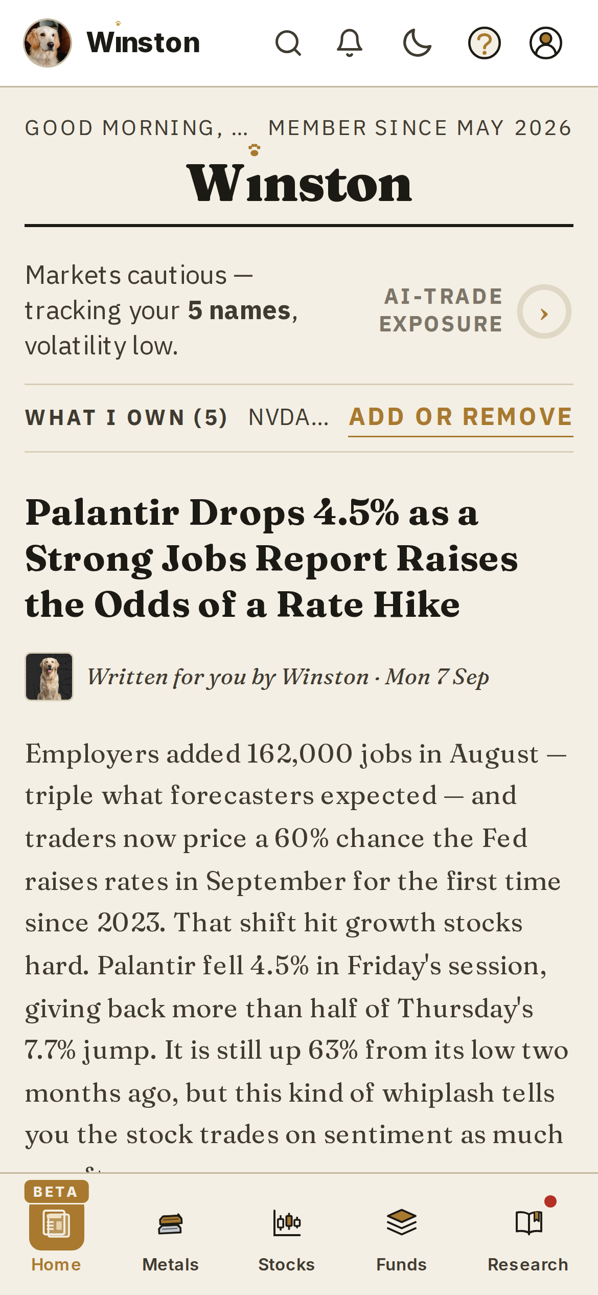 Winston front page on mobile, Monday 7 September